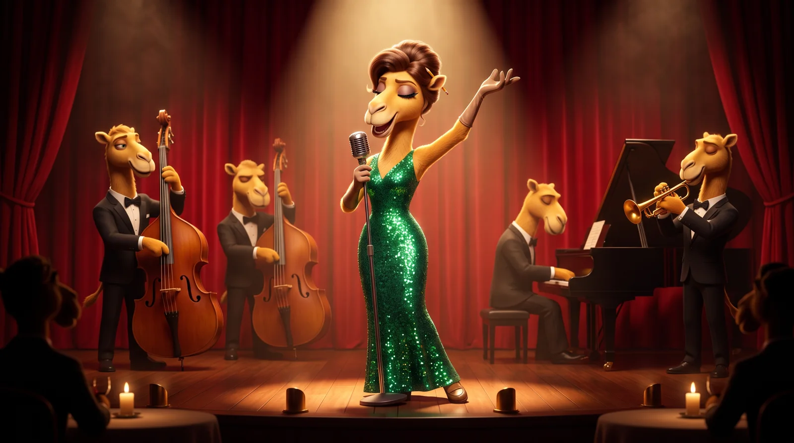 Chamophélie sur scène, robe verte, devant l'orchestre du cabaret